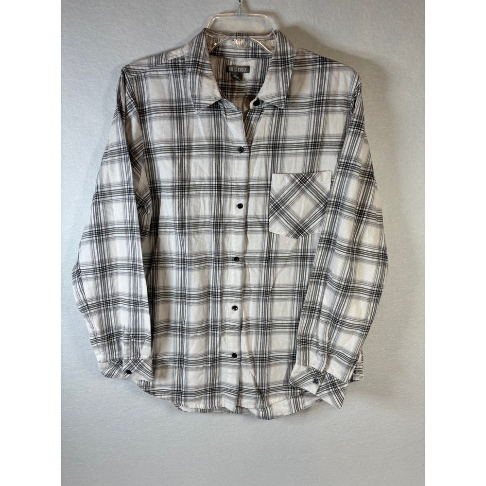 Falls Creek Women XL Plaid ButtonDown Shirt Silver Metallic Sparkle Thread White